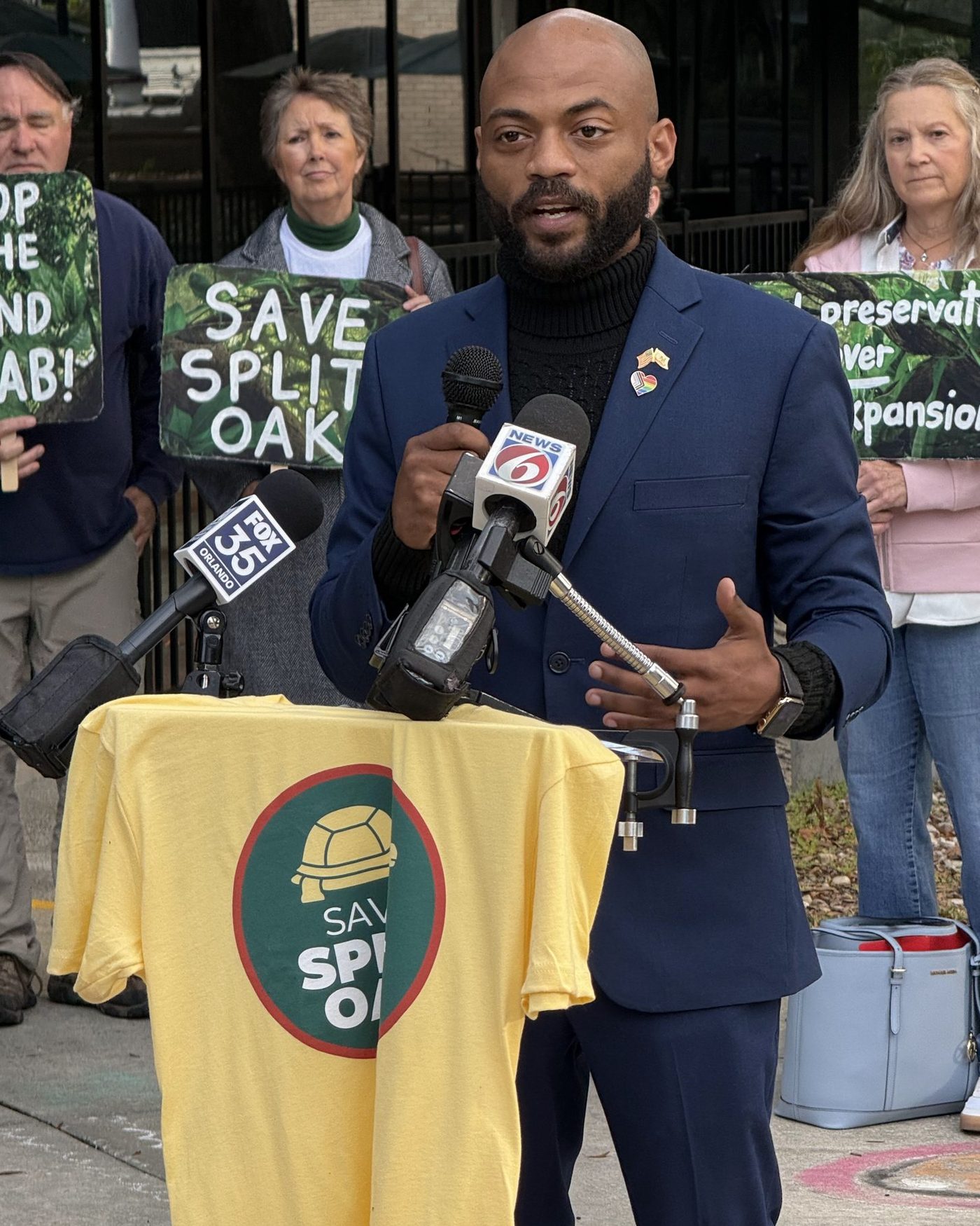 Aaron Emmanuel Lewis speaking at a press conference to protect Split Oak Forest